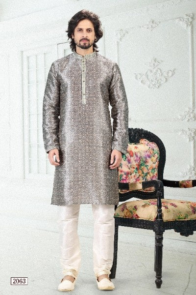 Raivat Ethnic Banarasi Silk Pintux Work Kurta Pajama In Grey Colour