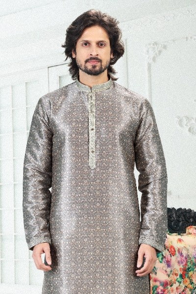 Raivat Ethnic Banarasi Silk Pintux Work Kurta Pajama In Grey Colour