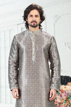 Raivat Ethnic Banarasi Silk Pintux Work Kurta Pajama In Grey Colour