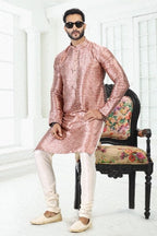 Raivat Ethnic Banarasi Silk Pintux Work Kurta Pajama In Onion Pink Colour