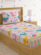 Home Sizzler Pink & White Cartoon Characters 210 TC Single Bedsheet with 1 Pillow Covers