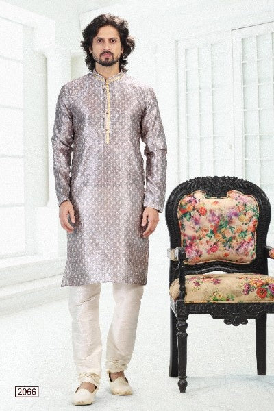 Raivat Ethnic Banarasi Silk Pintux Work Kurta Pajama In Grey Colour