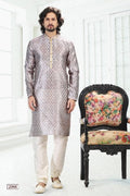Raivat Ethnic Banarasi Silk Pintux Work Kurta Pajama In Grey Colour
