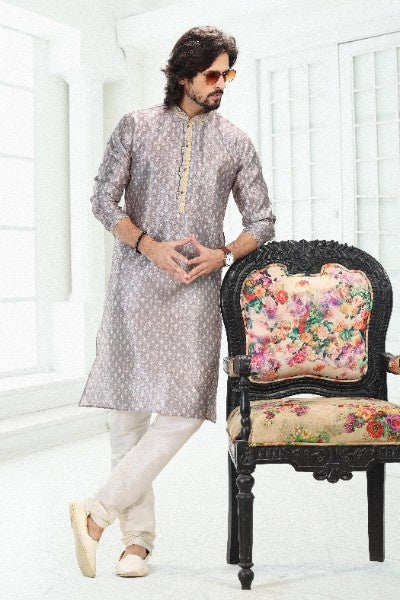 Raivat Ethnic Banarasi Silk Pintux Work Kurta Pajama In Grey Colour