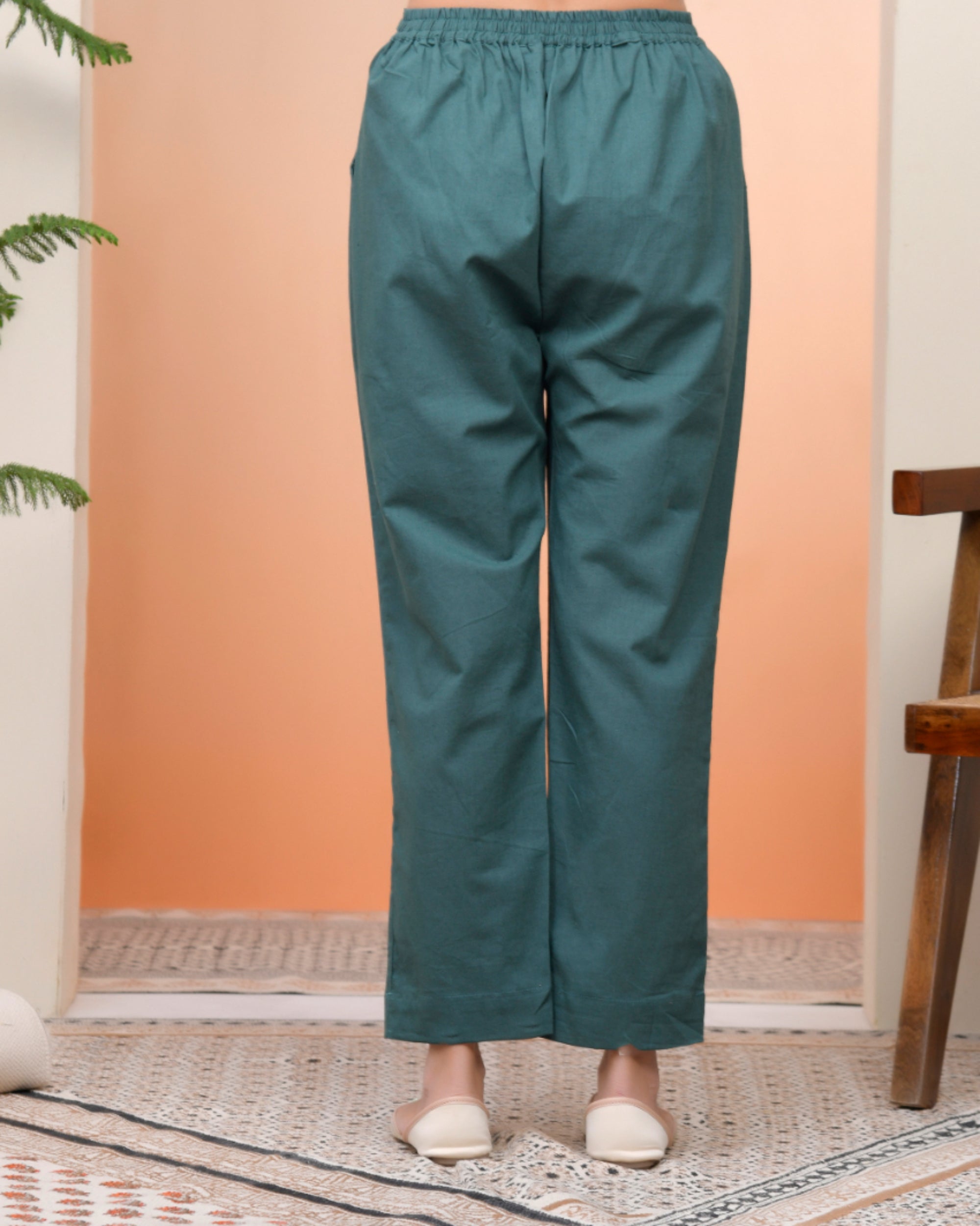 Vaasva Women Ferozi Cotton Flax Solid Straight Pants