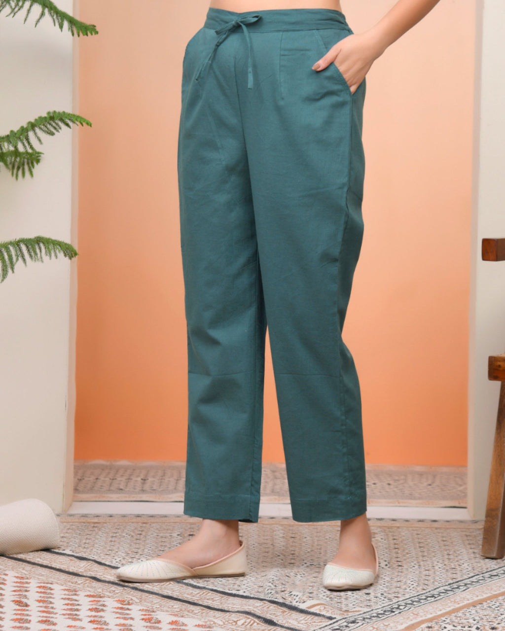 Vaasva Women Ferozi Cotton Flax Solid Straight Pants