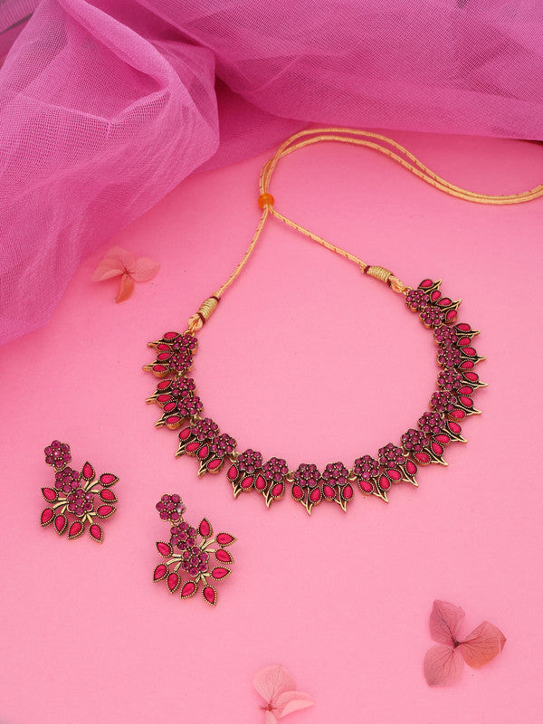 Tehzeeb Creations Pink Colour Gold Pleated Stone Studded Necklace With Earrings