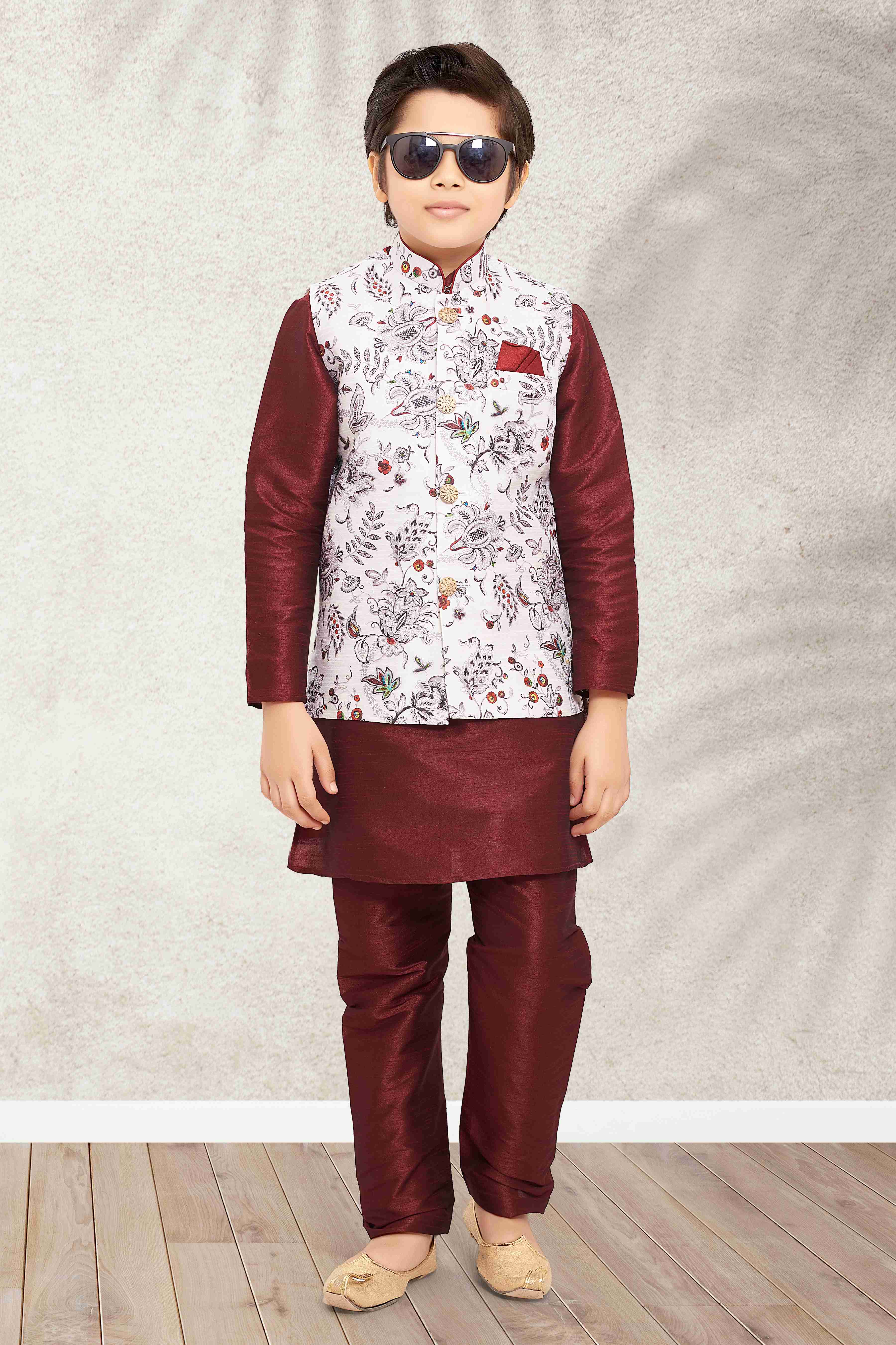 Raivat Ethnic Banarasi Silk Digital Printed Kurta Pajama With Jacket In Off White Colour - Distacart