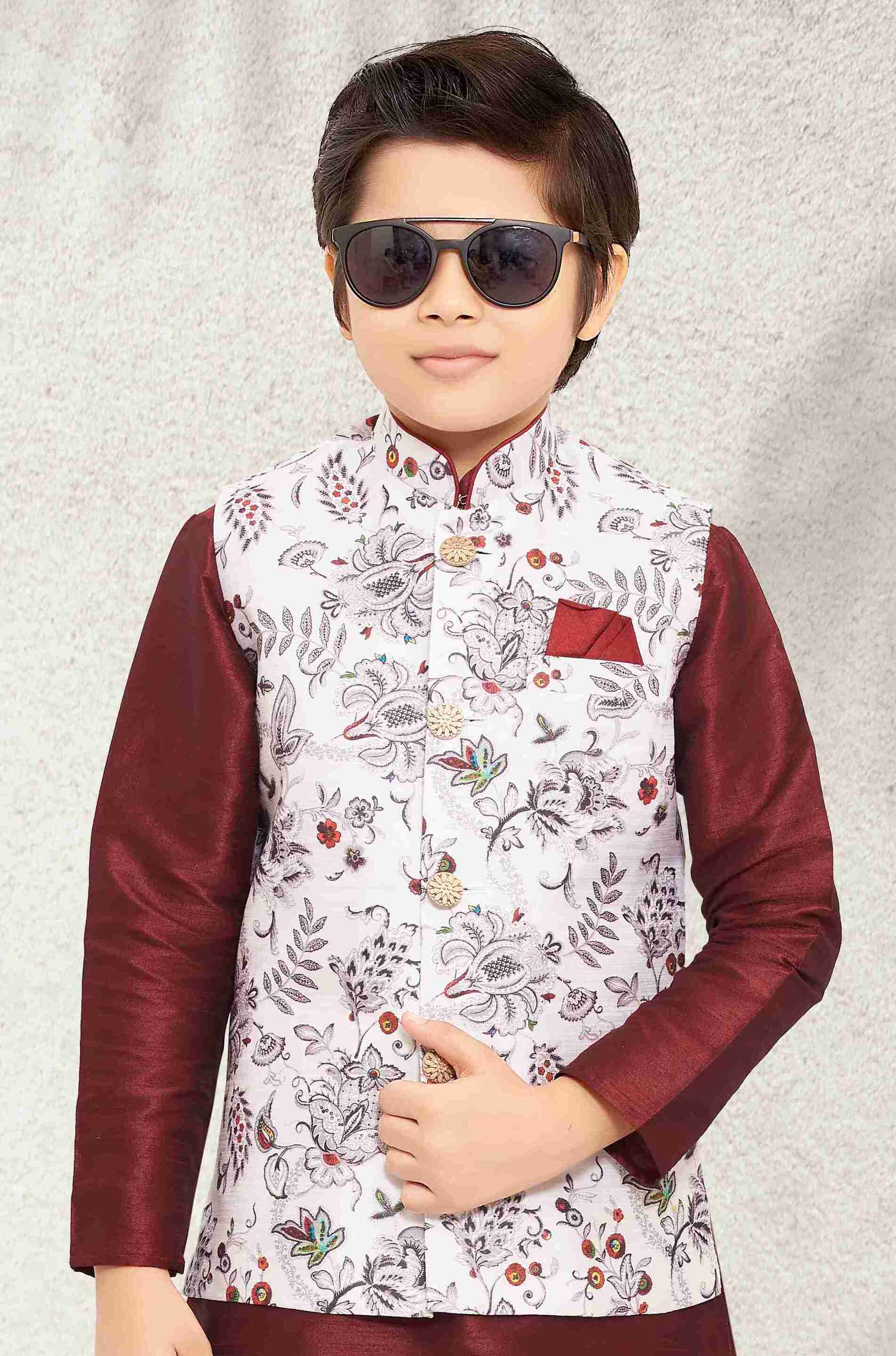 Raivat Ethnic Banarasi Silk Digital Printed Kurta Pajama With Jacket In Off White Colour - Distacart