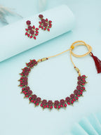 Tehzeeb Creations Pink Colour Gold Pleated Stone Studded Necklace With Earrings