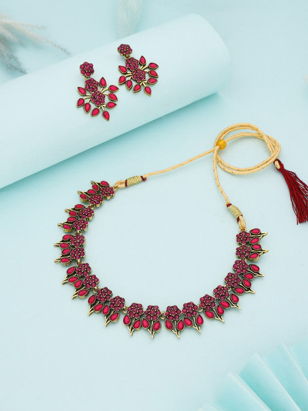 Tehzeeb Creations Pink Colour Gold Pleated Stone Studded Necklace With Earrings