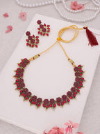 Tehzeeb Creations Pink Colour Gold Pleated Stone Studded Necklace With Earrings