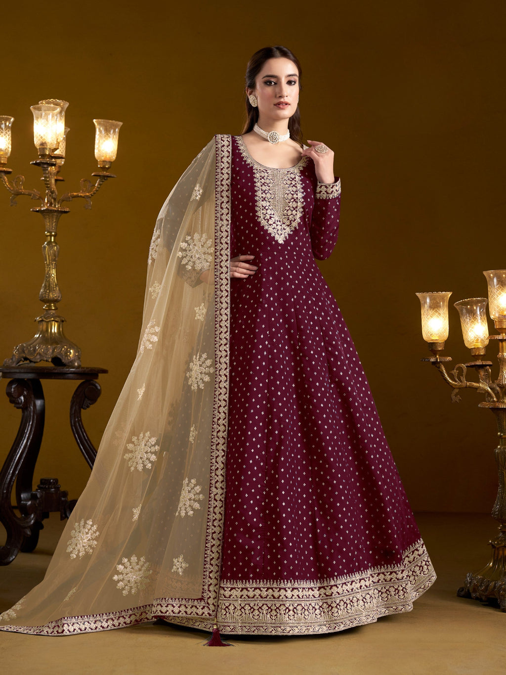 Anaita Purple Embroidered Jacquard Chanderi Anarkali Suit - Distacart