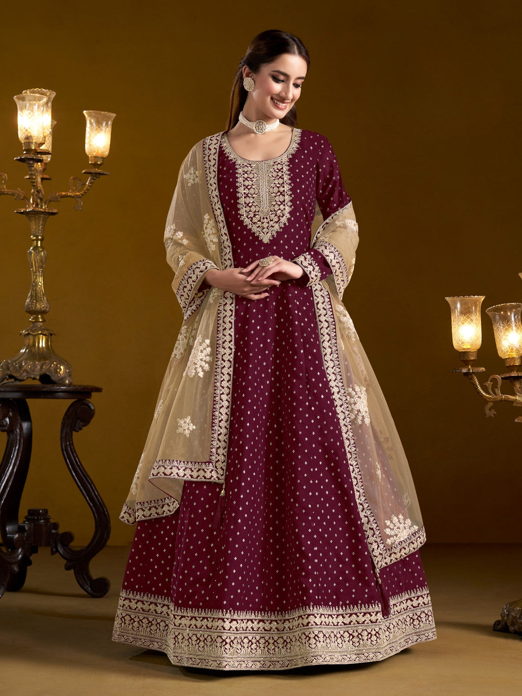 Anaita Purple Embroidered Jacquard Chanderi Anarkali Suit - Distacart
