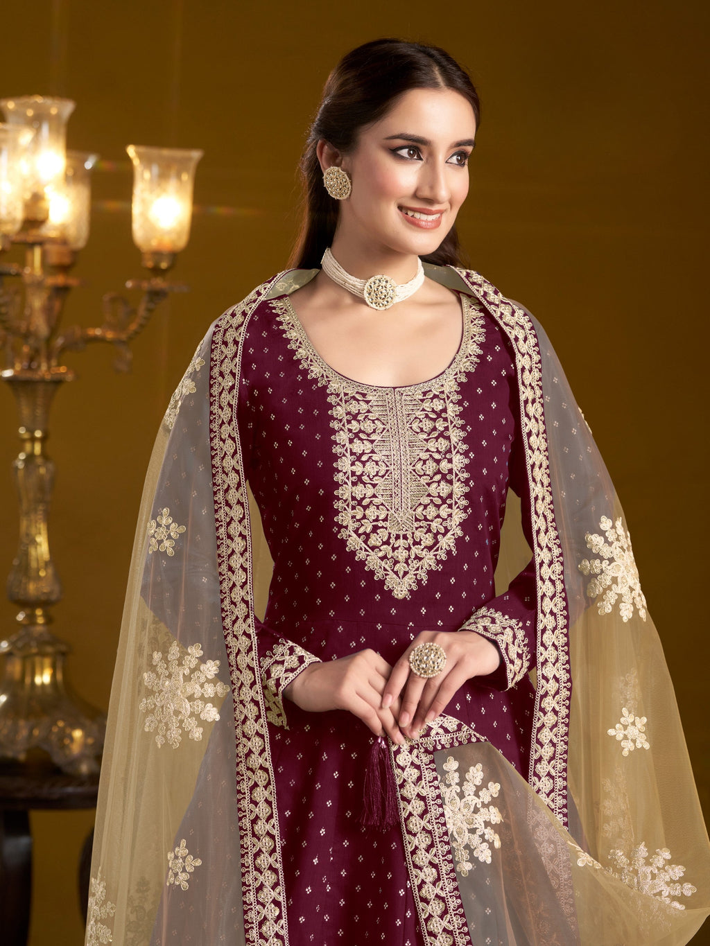 Anaita Purple Embroidered Jacquard Chanderi Anarkali Suit - Distacart