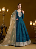 Anaita Teal Embroidered Jacquard Chanderi Anarkali Suit - Distacart