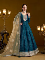 Anaita Teal Embroidered Jacquard Chanderi Anarkali Suit - Distacart