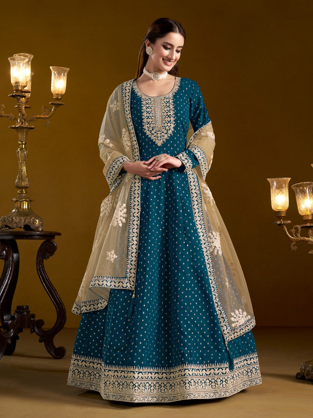 Anaita Teal Embroidered Jacquard Chanderi Anarkali Suit - Distacart