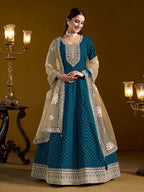 Anaita Teal Embroidered Jacquard Chanderi Anarkali Suit - Distacart