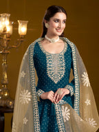 Anaita Teal Embroidered Jacquard Chanderi Anarkali Suit - Distacart
