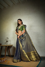 Vardha Indigo Blue Golden Zari Banarasi Chiffon Saree