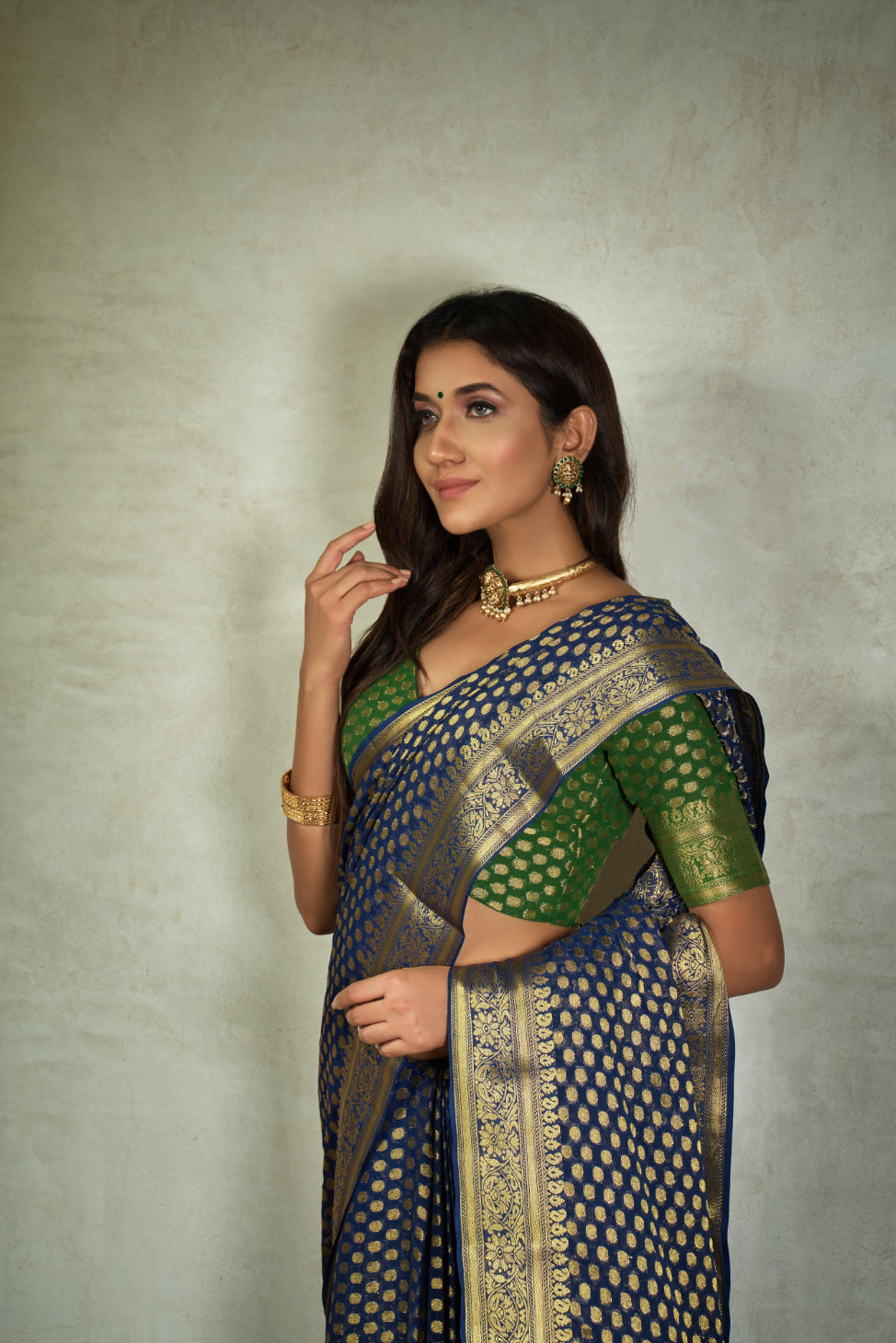 Vardha Indigo Blue Golden Zari Banarasi Chiffon Saree