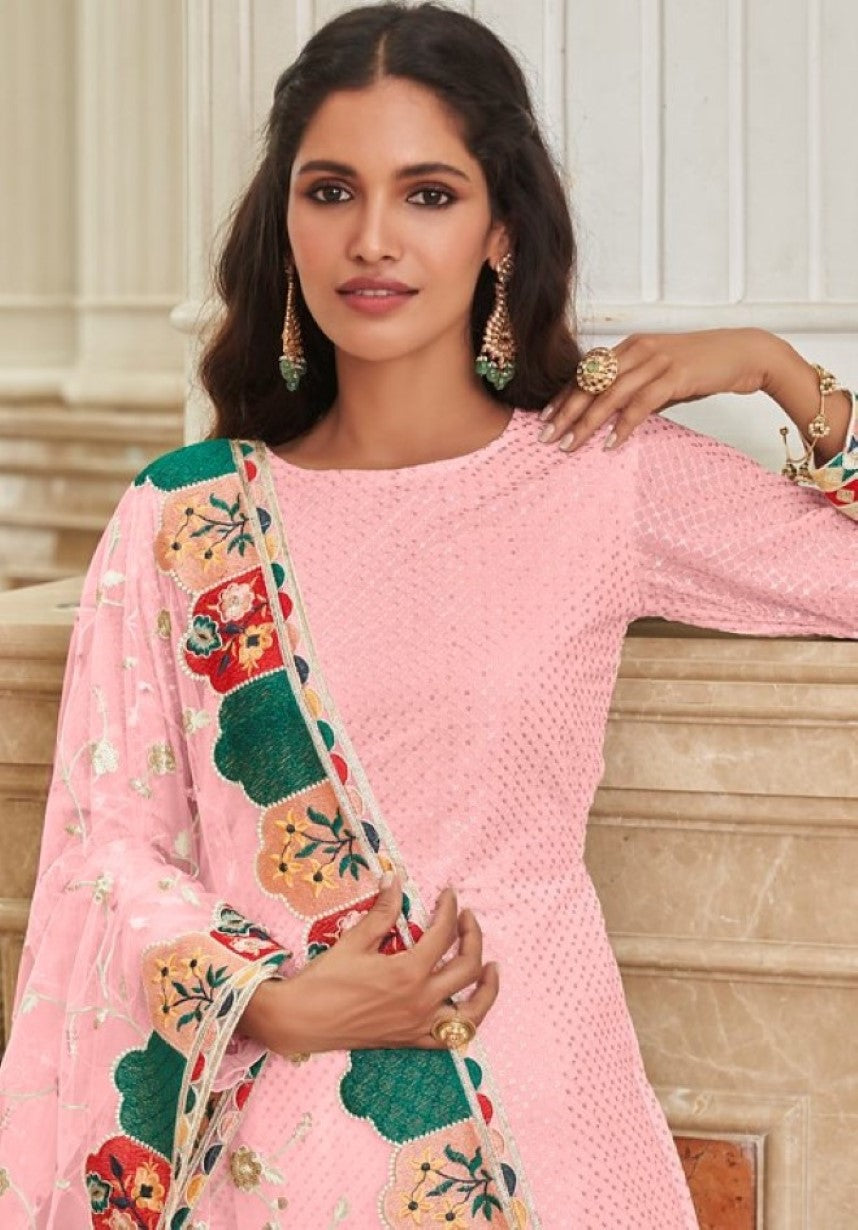 Anaita Baby Pink Faux Georgette Plazzo Suit With Embroidery & Sequins Work - Distacart