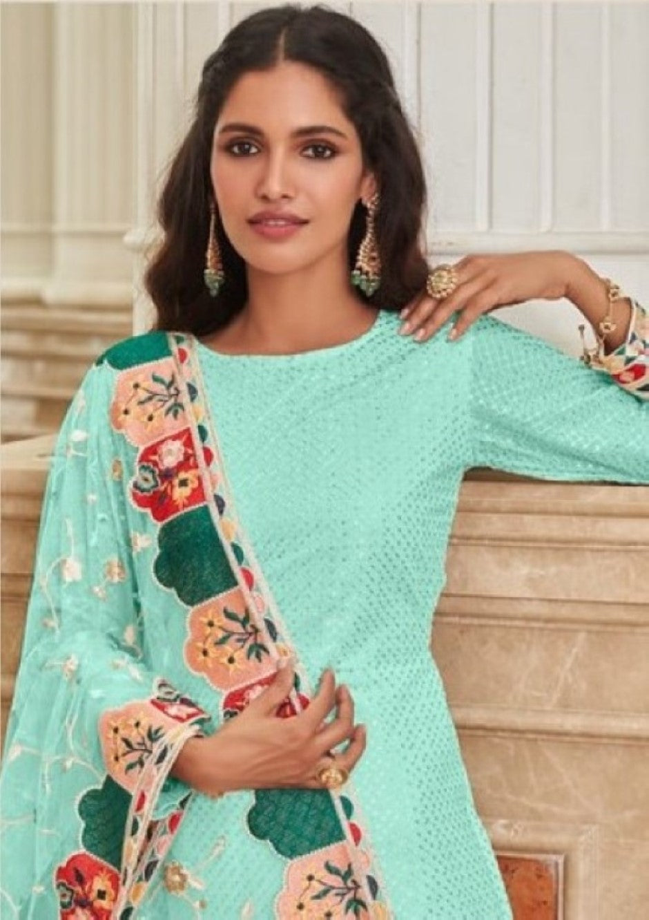 Anaita Turquoise Faux Georgette Plazzo Suit With Embroidery & Sequins Work - Distacart