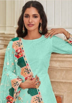 Anaita Turquoise Faux Georgette Plazzo Suit With Embroidery & Sequins Work - Distacart