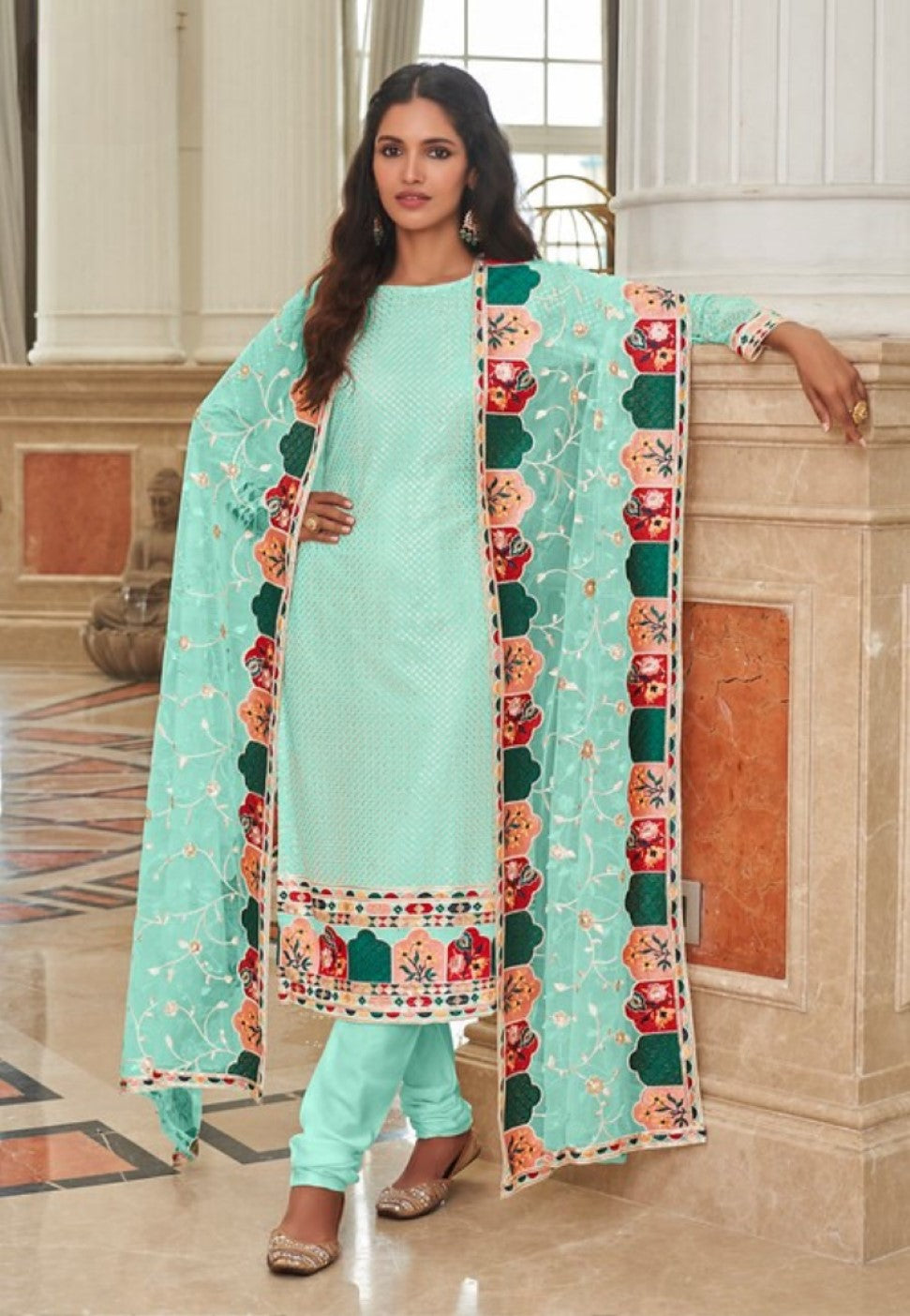 Anaita Turquoise Faux Georgette Plazzo Suit With Embroidery & Sequins Work - Distacart