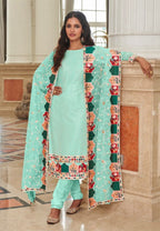 Anaita Turquoise Faux Georgette Plazzo Suit With Embroidery & Sequins Work - Distacart
