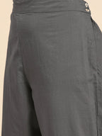 Sangria Women Charcoal Grey Pure Cotton Solid Kurta with Cropped Trousers