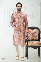 Raivat Ethnic Banarasi Silk Pintux Work Kurta Pajama In Peach Colour