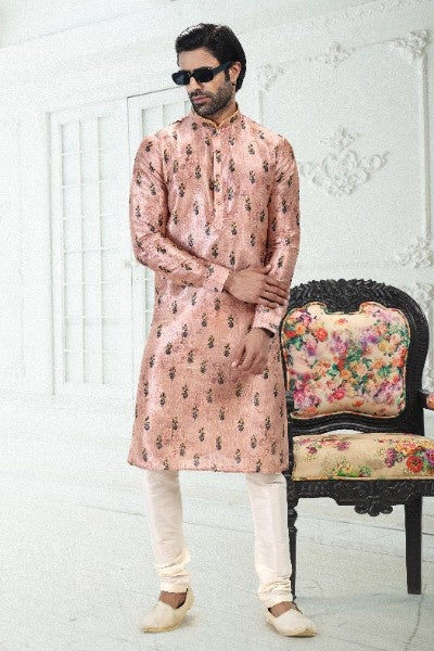 Raivat Ethnic Banarasi Silk Pintux Work Kurta Pajama In Peach Colour