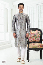 Raivat Ethnic Banarasi Silk Pintux Work Kurta Pajama In Pista Green Colour
