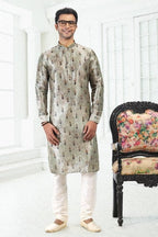 Raivat Ethnic Banarasi Silk Pintux Work Kurta Pajama In Pista Green Colour
