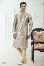Raivat Ethnic Banarasi Silk Pintux Work Kurta Pajama In Cream Green Colour