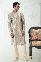 Raivat Ethnic Banarasi Silk Pintux Work Kurta Pajama In Cream Green Colour