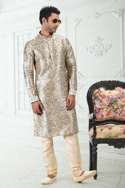 Raivat Ethnic Banarasi Silk Pintux Work Kurta Pajama In Cream Green Colour