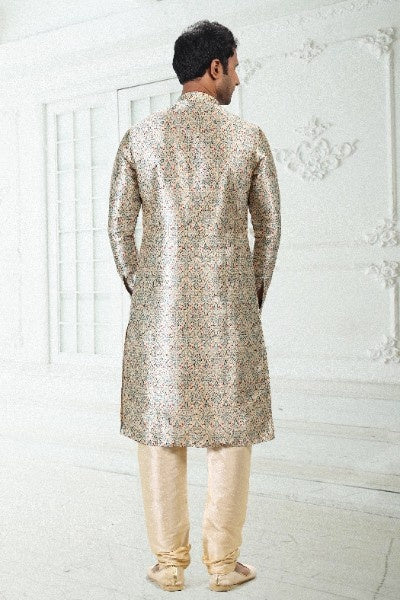 Raivat Ethnic Banarasi Silk Pintux Work Kurta Pajama In Cream Green Colour