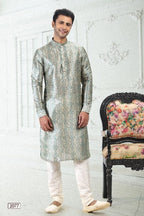 Raivat Ethnic Banarasi Silk Pintux Work Kurta Pajama In Cream Teal Green Colour