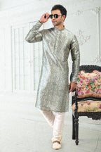 Raivat Ethnic Banarasi Silk Pintux Work Kurta Pajama In Cream Teal Green Colour