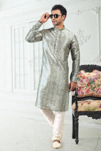 Raivat Ethnic Banarasi Silk Pintux Work Kurta Pajama In Cream Teal Green Colour