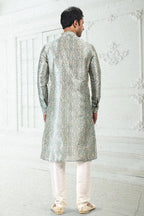 Raivat Ethnic Banarasi Silk Pintux Work Kurta Pajama In Cream Teal Green Colour