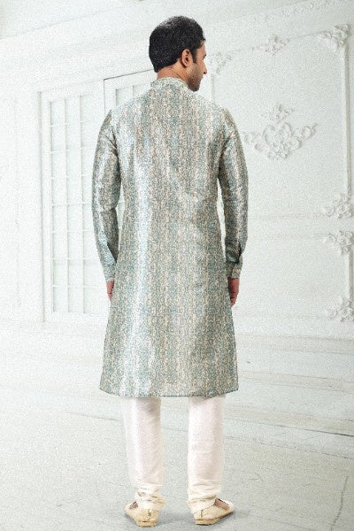 Raivat Ethnic Banarasi Silk Pintux Work Kurta Pajama In Cream Teal Green Colour