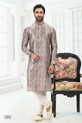 Raivat Ethnic Banarasi Silk Pintux Work Kurta Pajama In Cream Grey Colour