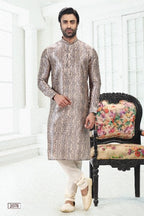 Raivat Ethnic Banarasi Silk Pintux Work Kurta Pajama In Cream Grey Colour