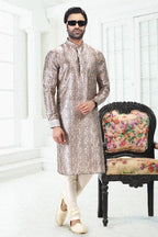 Raivat Ethnic Banarasi Silk Pintux Work Kurta Pajama In Cream Grey Colour