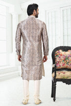 Raivat Ethnic Banarasi Silk Pintux Work Kurta Pajama In Cream Grey Colour
