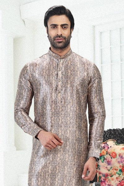Raivat Ethnic Banarasi Silk Pintux Work Kurta Pajama In Cream Grey Colour
